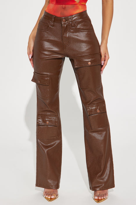 Don't You Worry Faux Leather Flare Pant - Chocolate