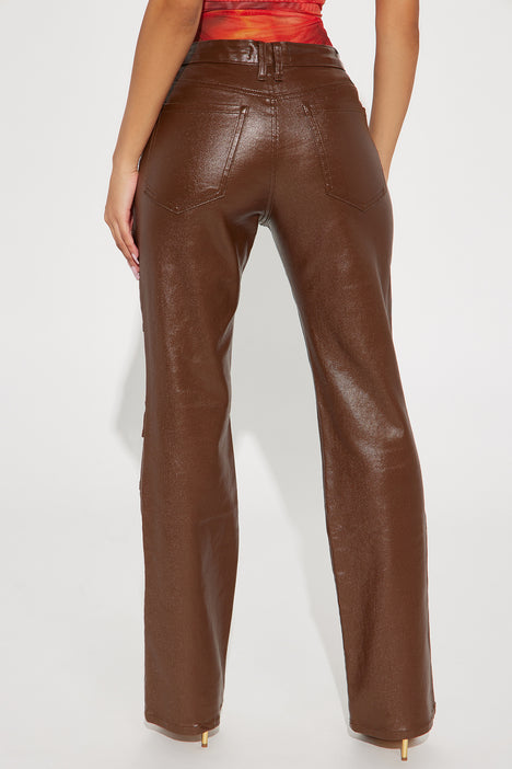 Don't You Worry Faux Leather Flare Pant - Chocolate