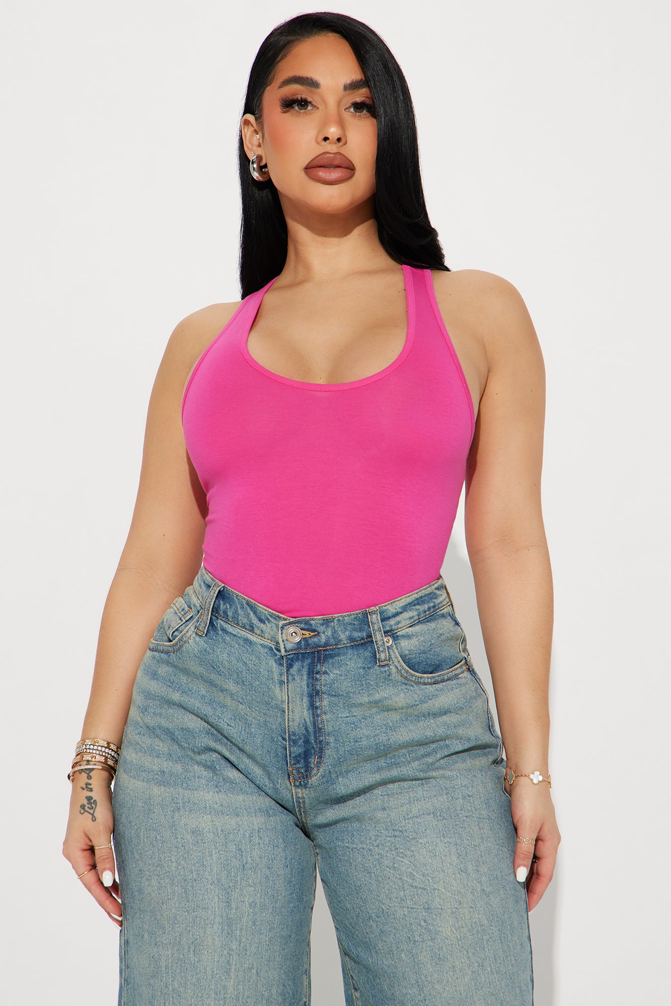 Re.Born RBWBS008_70408 Women's Solid Ribbed Basic High Neck Cotton  Racerback Bodysuit Fuchsia S at  Women's Clothing store