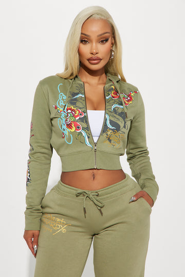 Image of Ed Hardy Butterfly Zip Front Hoodie - Sage