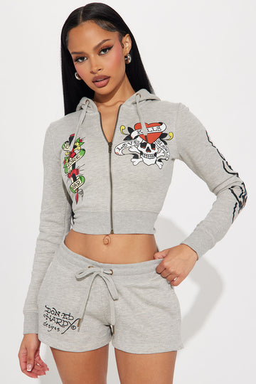 Image of Ed Hardy Skull And Dagger Zip Front Hoodie - Heather Grey