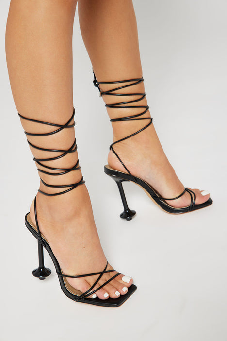 Lacey Black Square Toe Strappy Lace Up Heels