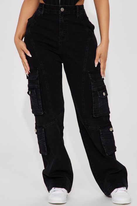 MakeMeChic Women's Cargo Jeans High Waist Flap Pocket Straight Leg Denim  Pants Black Petite Petite XXS at  Women's Jeans store