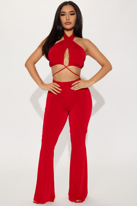 Ad: Knot Back Crop Top & Flare Leg Pants Set. Tags: Elegant, Red, Bright,  Plain, Spaghetti Strap, Camisole, Pant… | Two piece outfit, Top pants set,  Flare leg pants