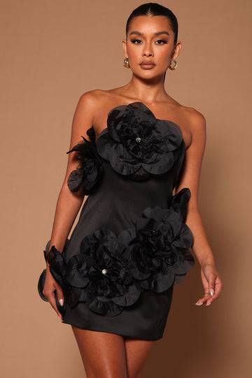 Weekend Energy 3D Rose Ruched Mini Dress (Black)- FINAL SALE