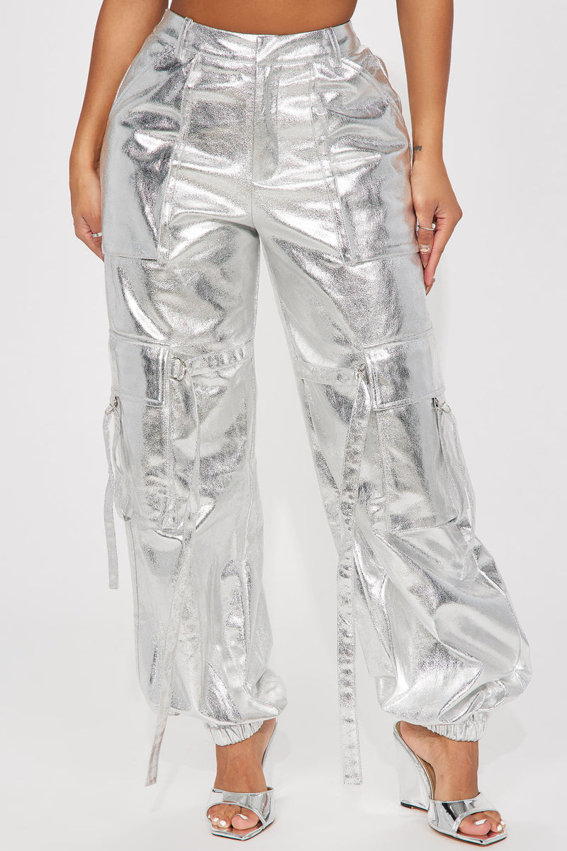 Mic Drop Metallic Oversized Cargo Jogger - Silver | Fashion Nova, Pants ...