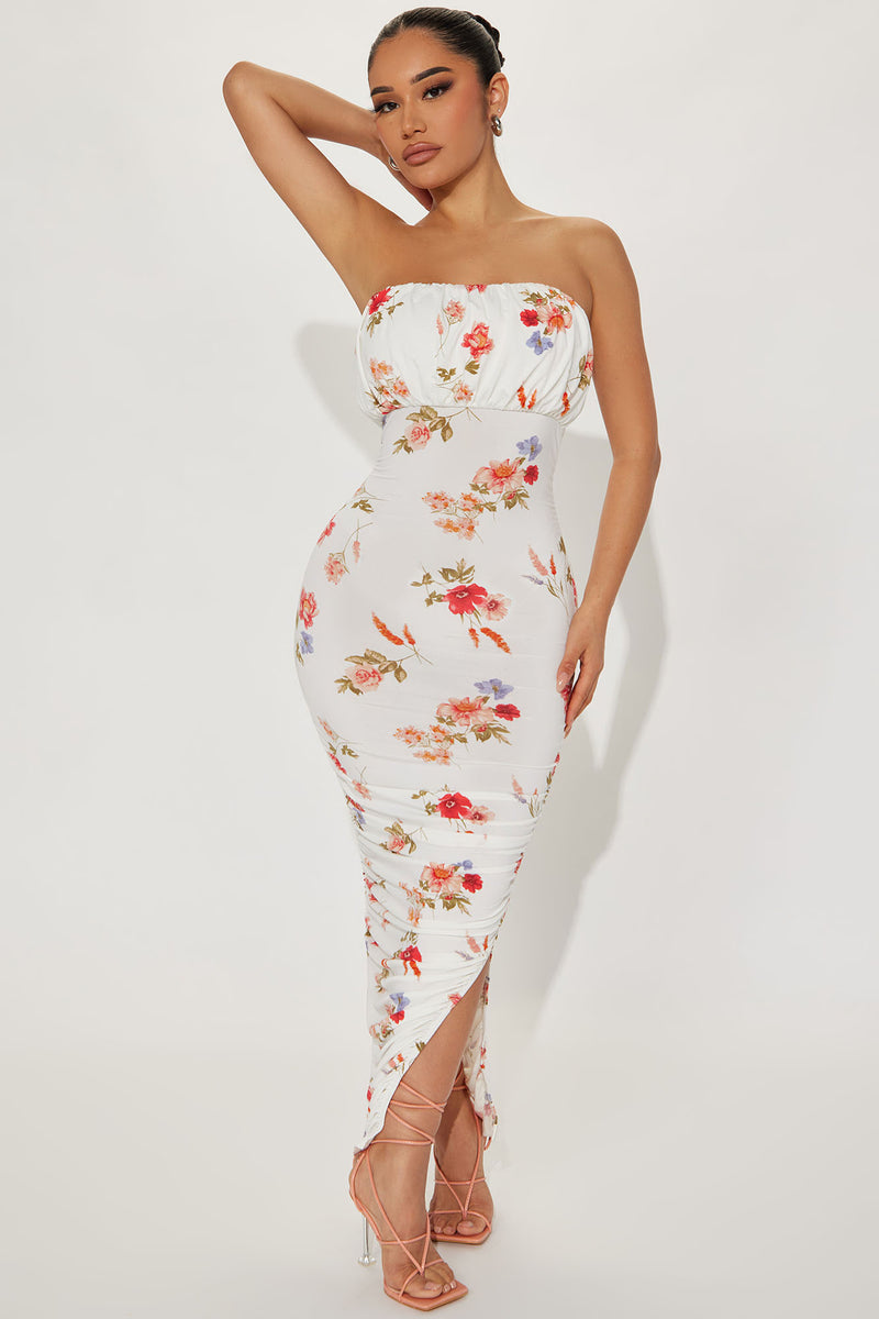 Sarina Ruched Floral Midi Dress - White/combo | Fashion Nova, Dresses ...