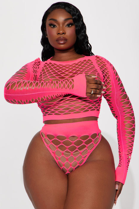 Play My Song Fishnet Bodystocking Set - Neon Pink