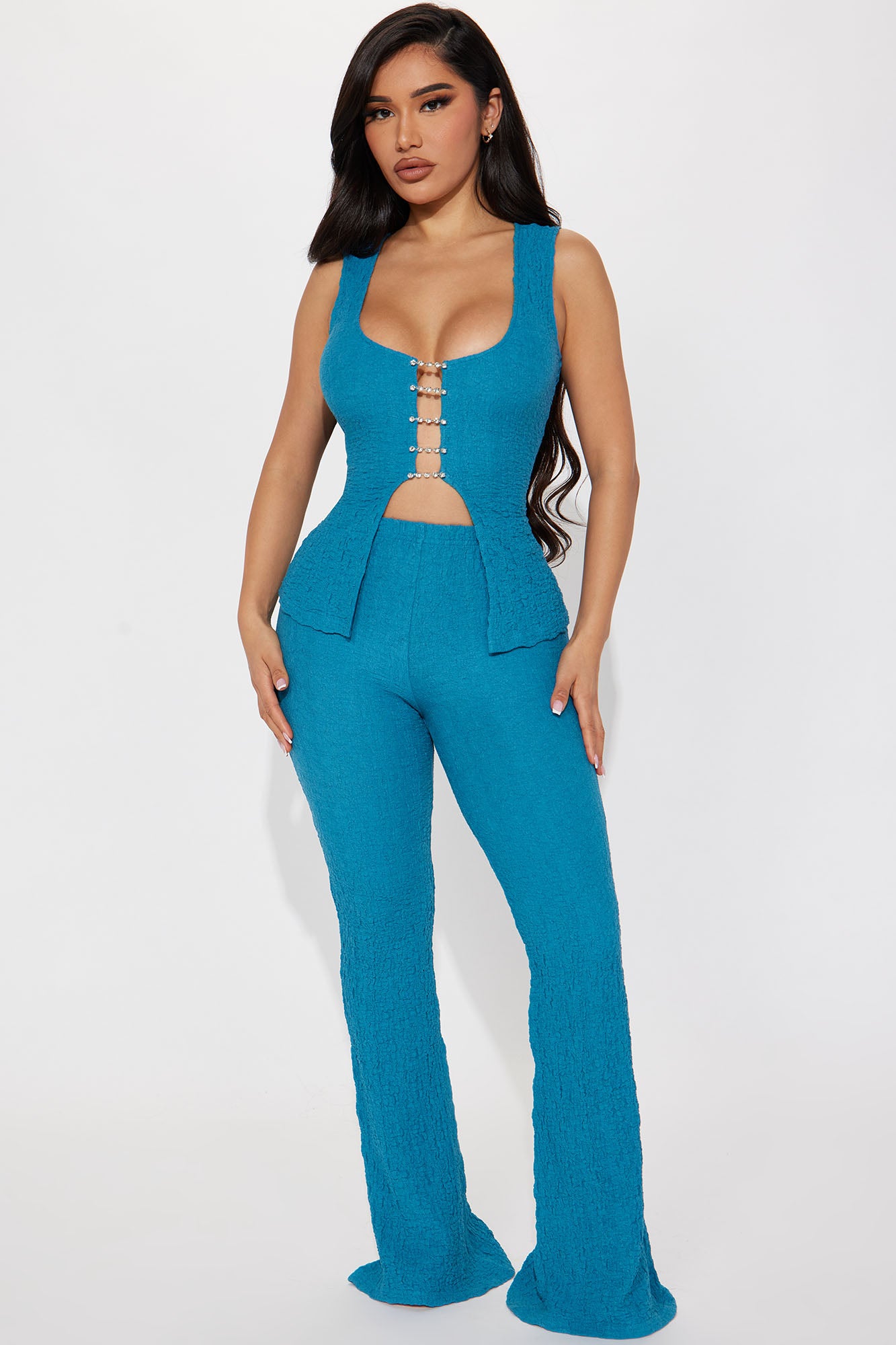 All Chained Up Textured Pant Set - Teal