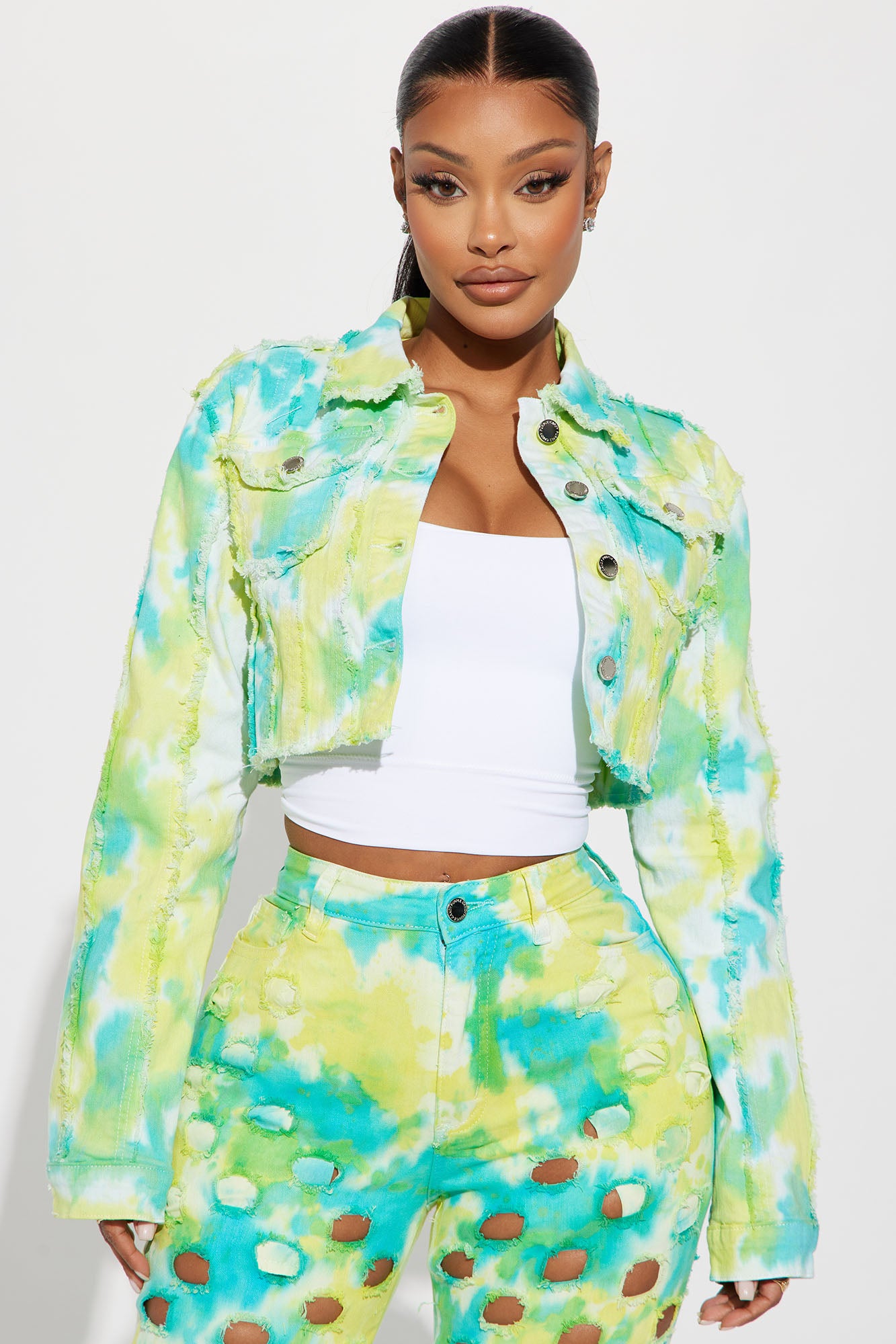 Cropped green hot sale denim jacket