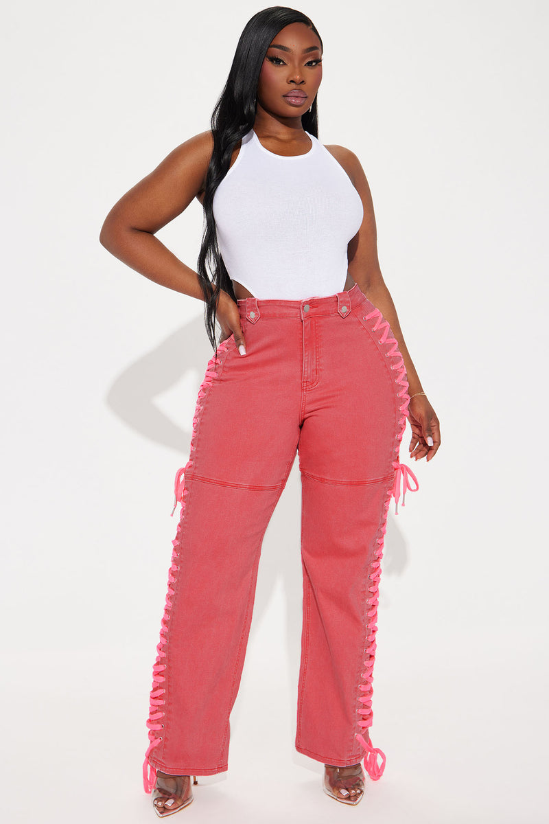 VeronikaLaceUpStretchStraightLegJeans-NeonPink