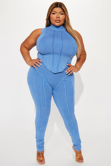 Caught Up With You Ribbed Jumpsuit - Blue