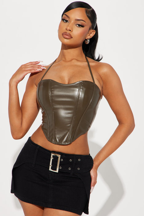 Kianna Washed Faux Leather Corset Top - Brown