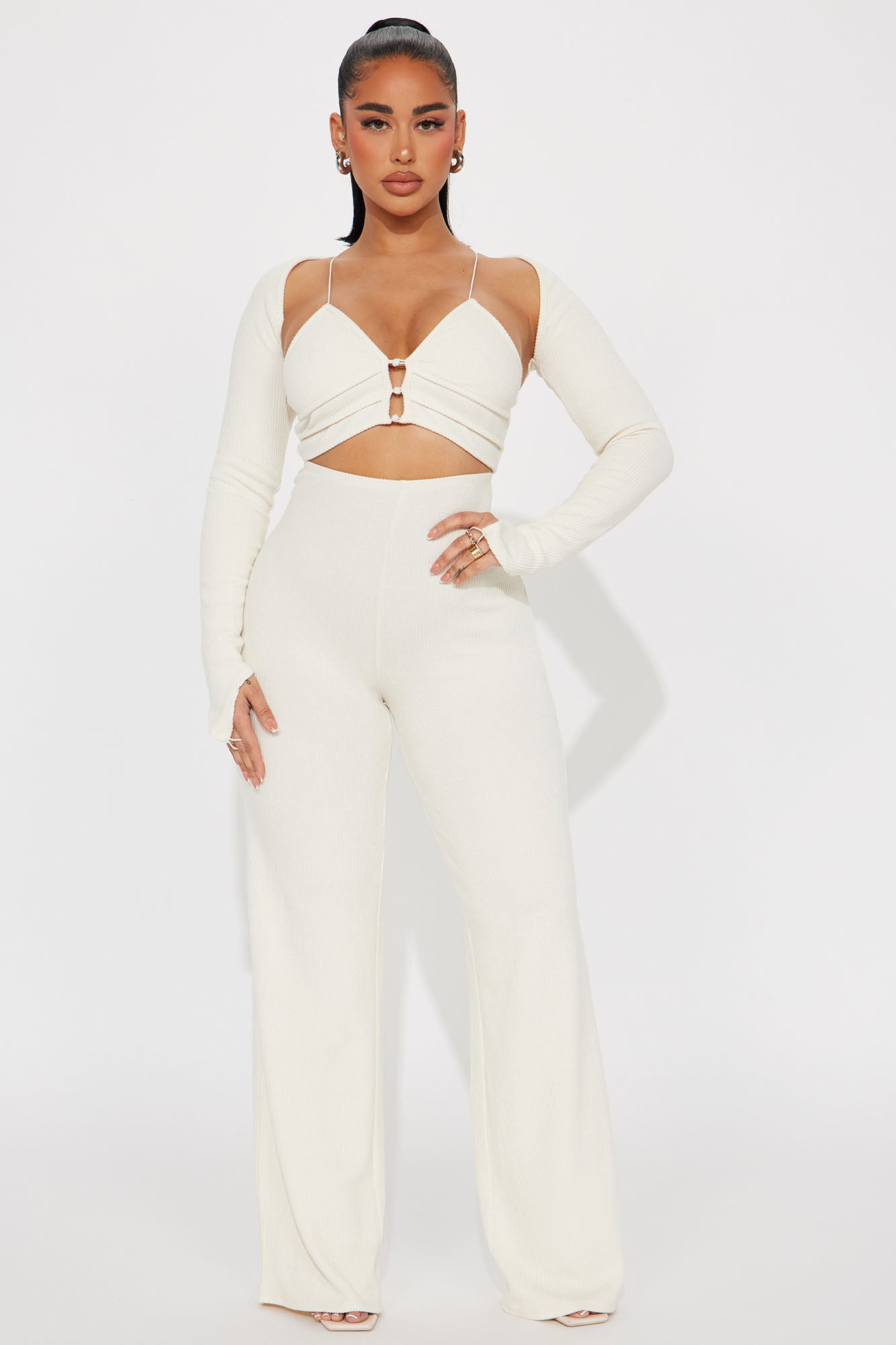 White Ribbed Bralette Top And Palazzo Pants Set - white / S