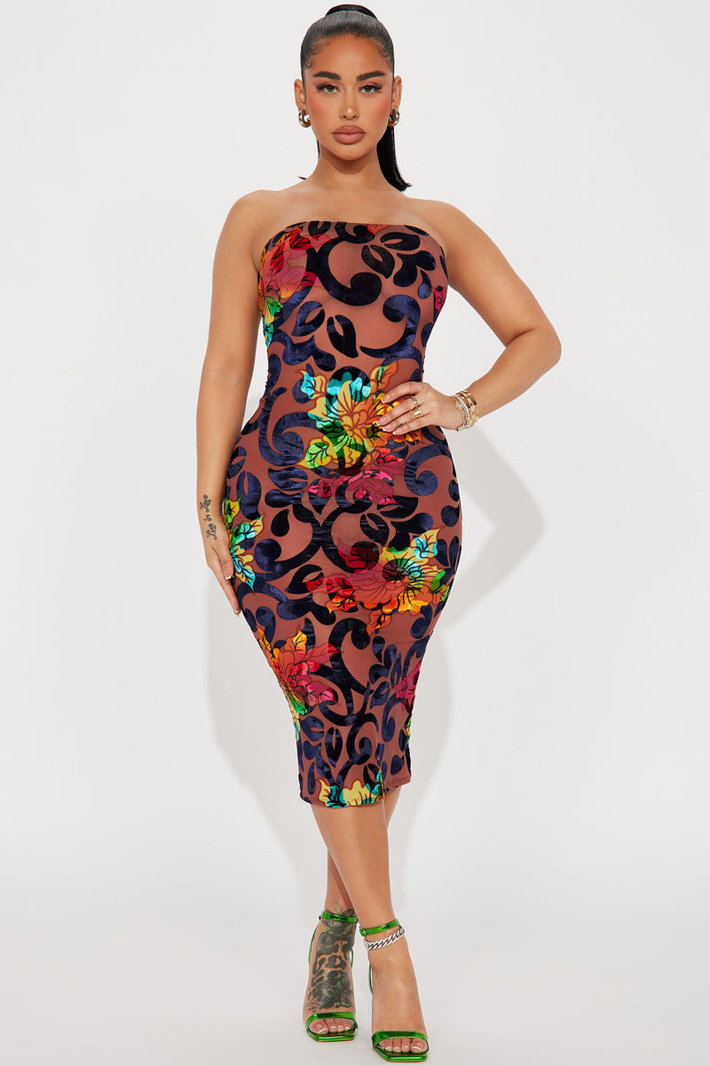 Nalini Velvet Burnout Midi Dress - Brown | Fashion Nova, Dresses ...