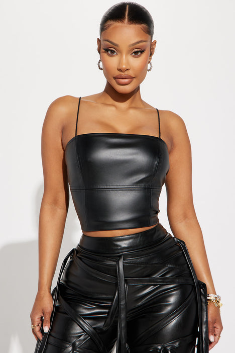 Favorite Game Faux Leather Top - Black