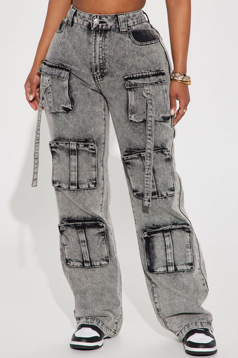 Fairfax High Rise Stretch Cargo Jeans - Acid Wash Grey, Fashion Nova, Jeans