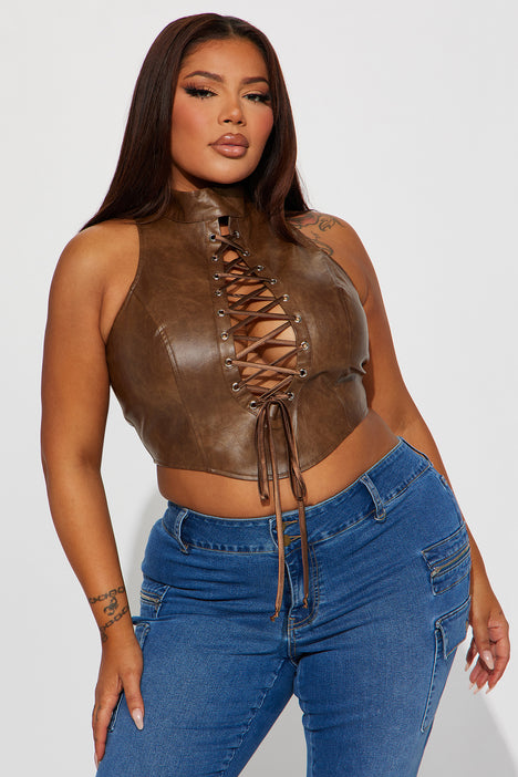 Brown Faux Leather Bralette, Tops