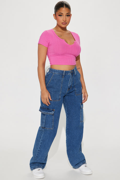 Magenta Notched Ribbed Crop Tee