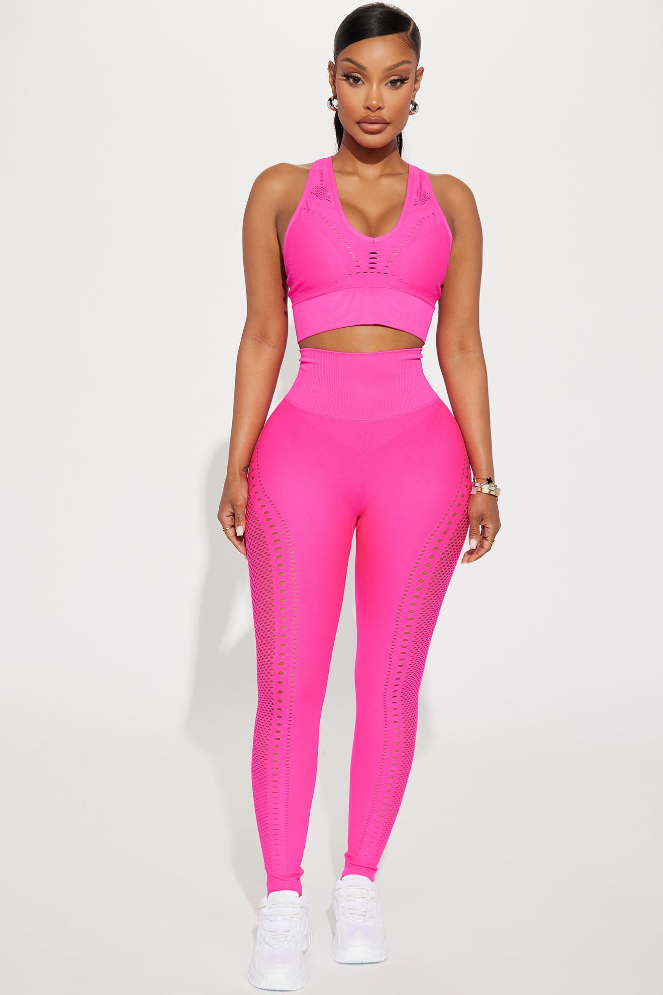 RQYYD Women's Workout Outfit 2 Pieces Seamless High Waist Yoga Leggings  with Long Sleeve Crewneck Crop Top Gym Clothes Set Hot Pink L