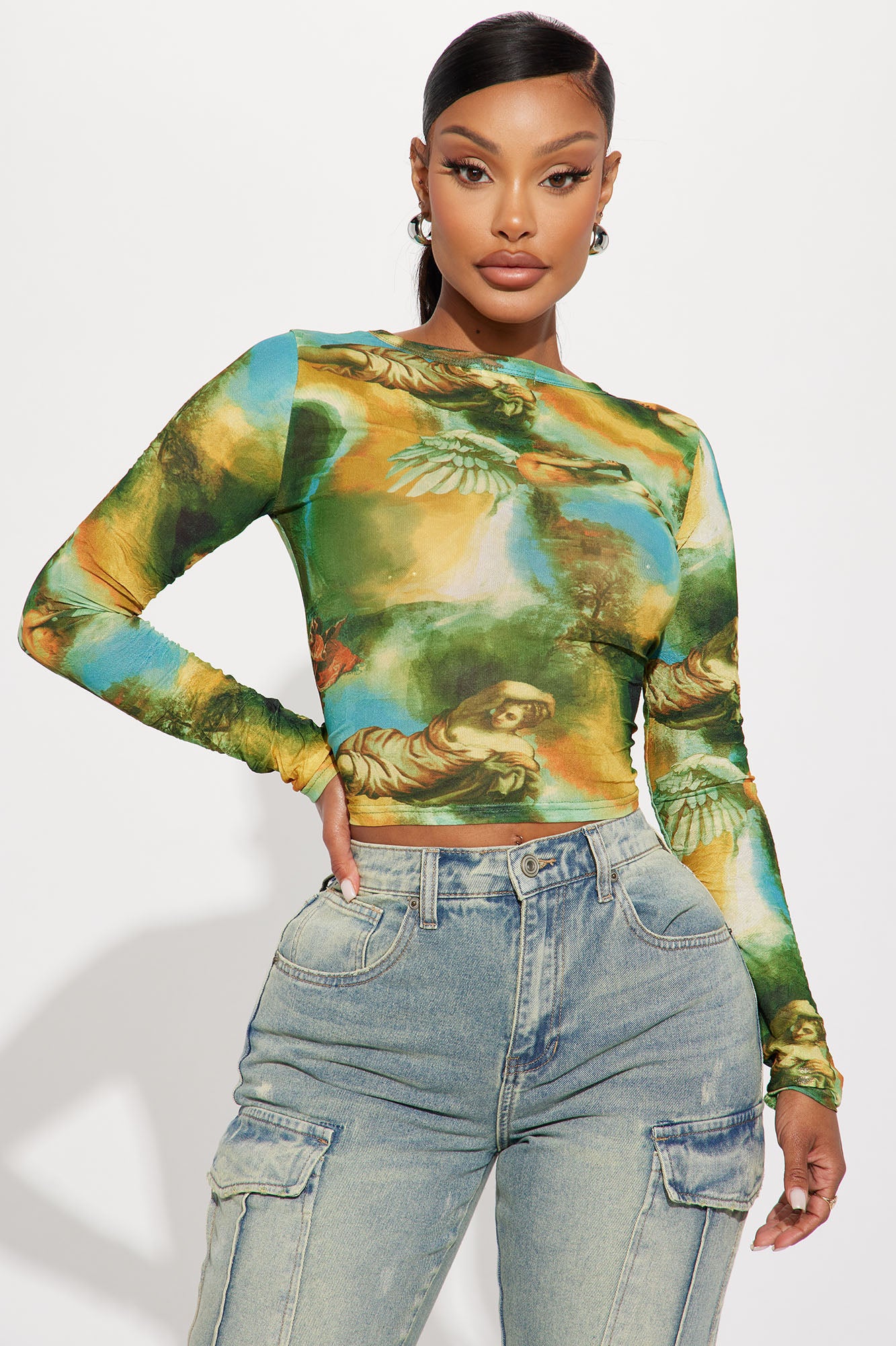 COLLUSION contrast sleeve renaissance print mesh long sleeve top in multi -  part of a set