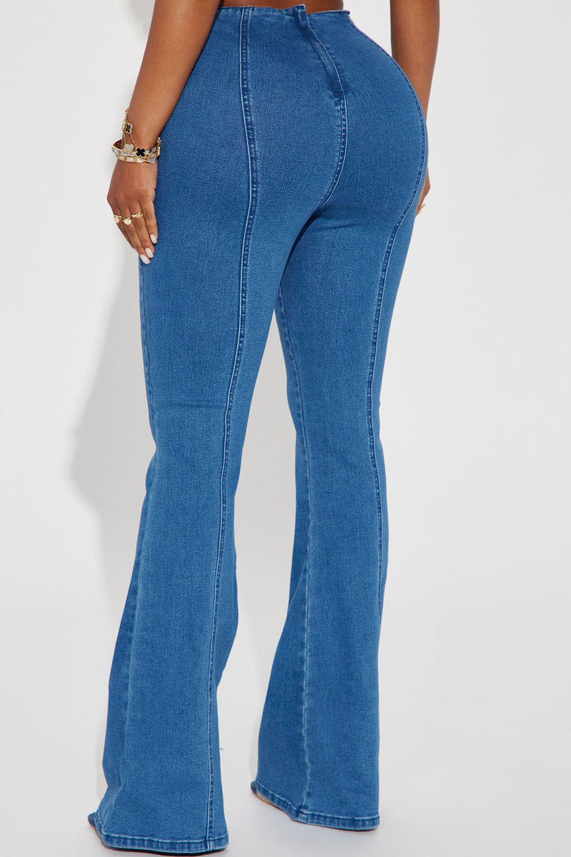 Blinding Love Buckle Stretch Flare Jeans - Medium Wash | Fashion Nova ...