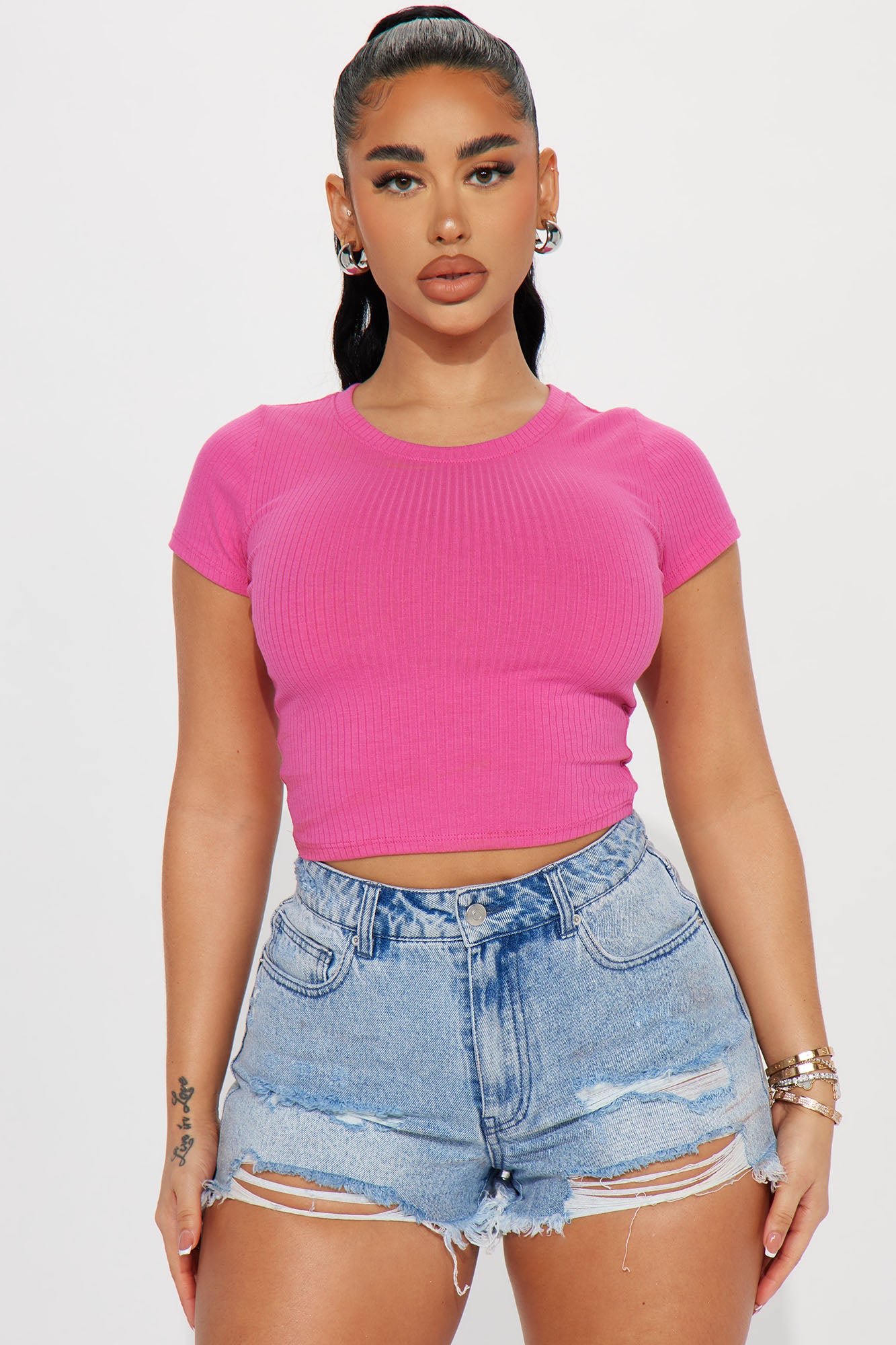 Pink Short Sleeve Crew Neck Ribbed Top