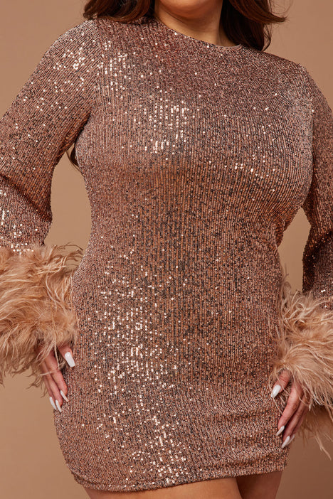Women's Getting The Vibe Sequin Mini Dress in Bronze Size Small by Fashion Nova