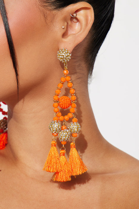 Yaalz Antique Gold Hanging Earrings In Orange Color