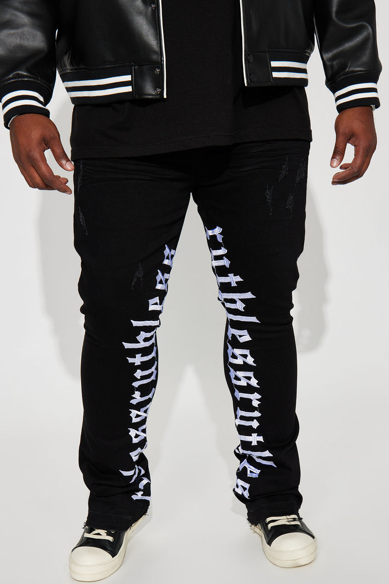 I Be Ruthless Embroidered Stacked Skinny Flare Jeans - Black/White ...