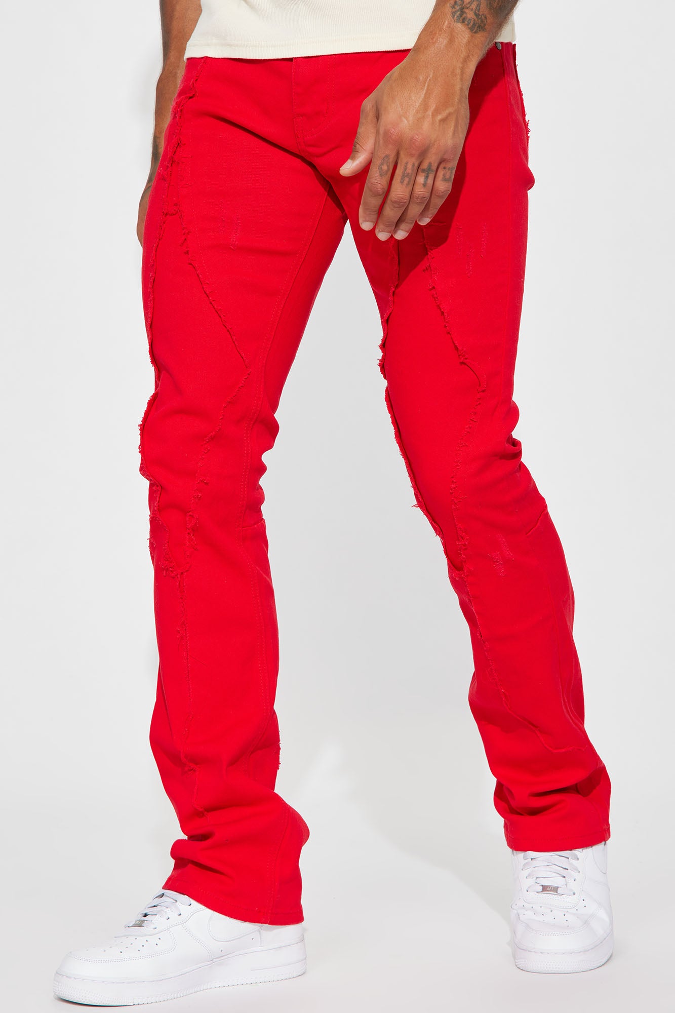 Out There Stacked Skinny Flared Jeans - Red