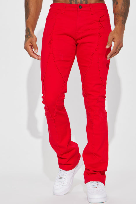 Diamond Fray Stacked Skinny Flared Pants - Red, Fashion Nova, Mens Pants
