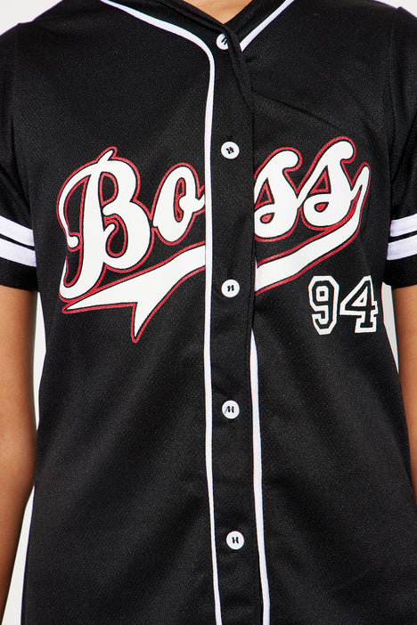 Mini Boss 94 Mesh Knit Baseball Jersey Dress - Black
