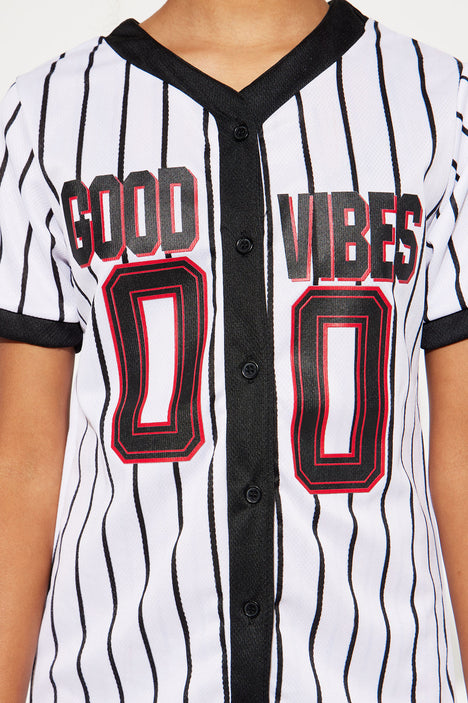 Mini Good Vibes Mesh Knit Baseball Jersey Dress - White/Black