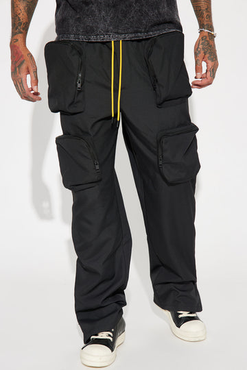 WASHED HIGH-DENSITY NYLON TWILL ZIPPER POCKET CARGO PANTS(M Black