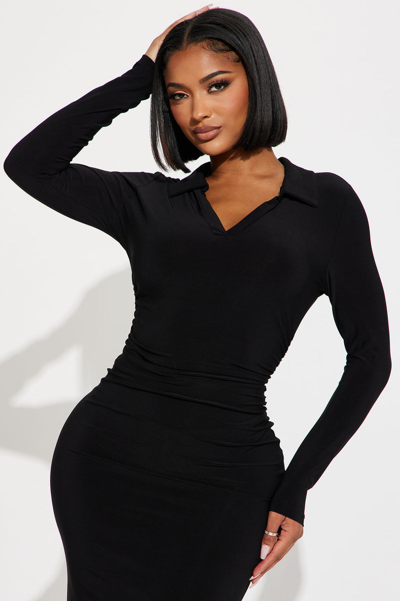 Pop The Collar Ruched Midi Dress - Black | Fashion Nova, Dresses ...