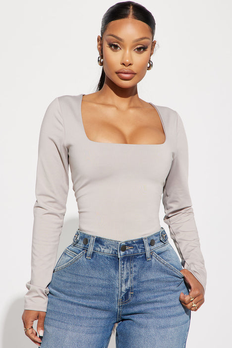 Ribbed Square Neck Bodysuit, Taupe