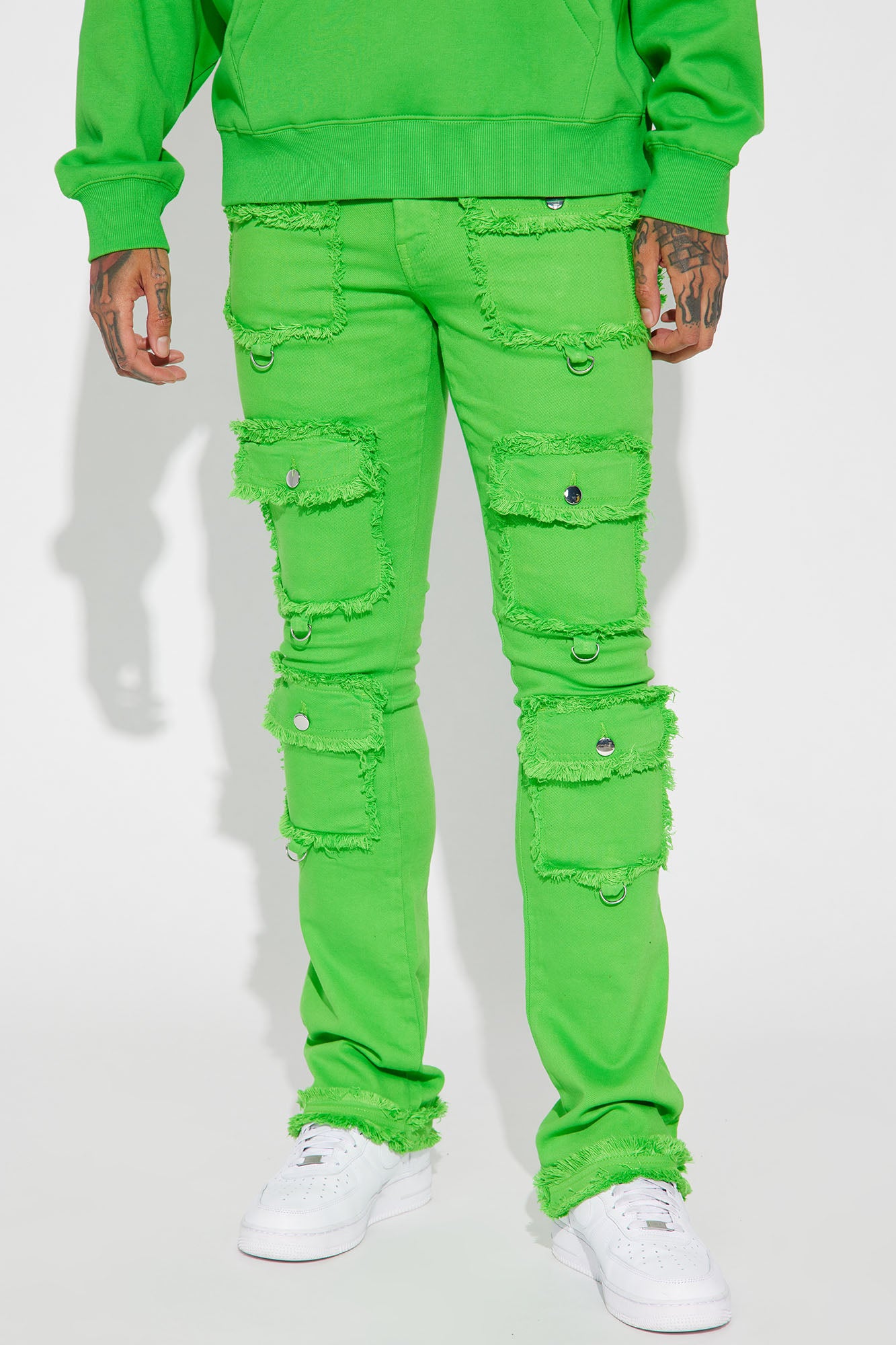 Finest Faux Leather Cargo Flare Pants - Green