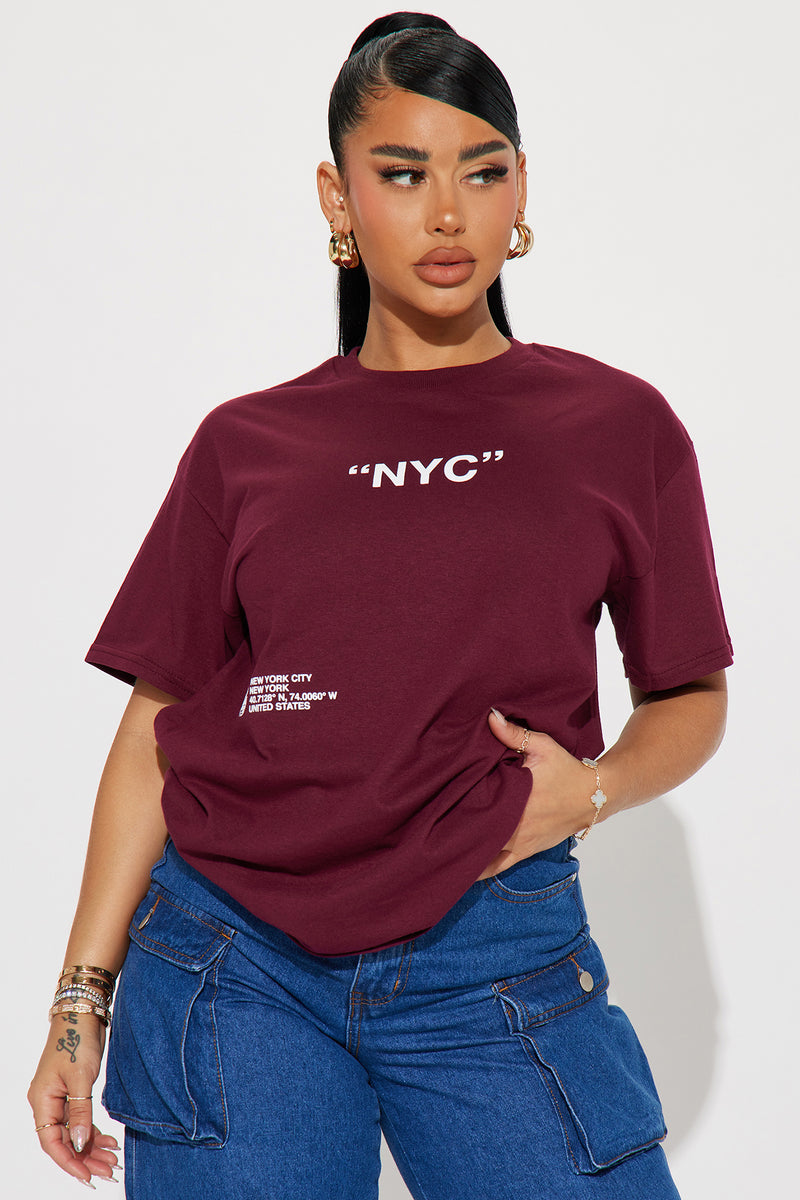 Destination NYC Graphic T-Shirt - Burgundy | Fashion Nova, Screens Tops ...