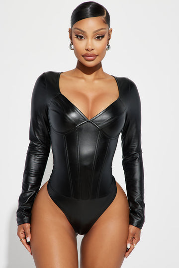 Colette Faux Leather Bodysuit - Black
