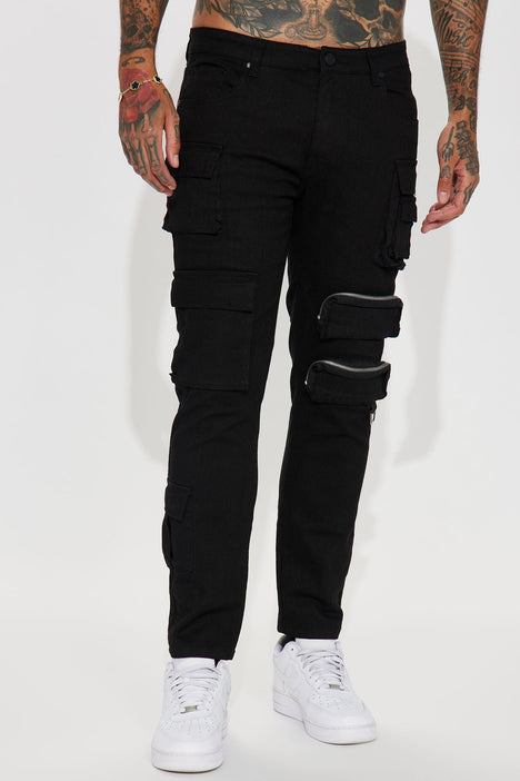 Many Pockets Cargo Stacked Skinny Flare Jeans - Black