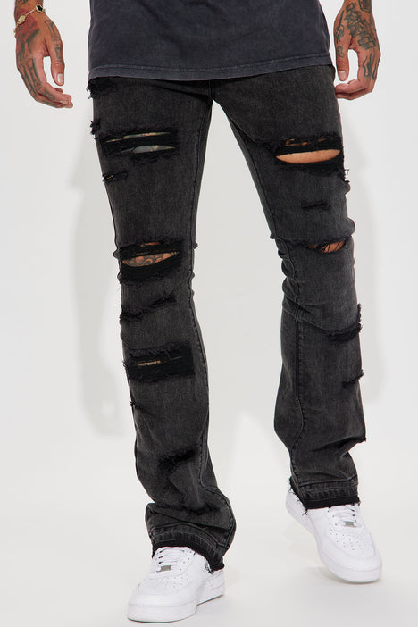 Playing With My Emotions Distressed Stacked Skinny Flare Jeans - Black Wash