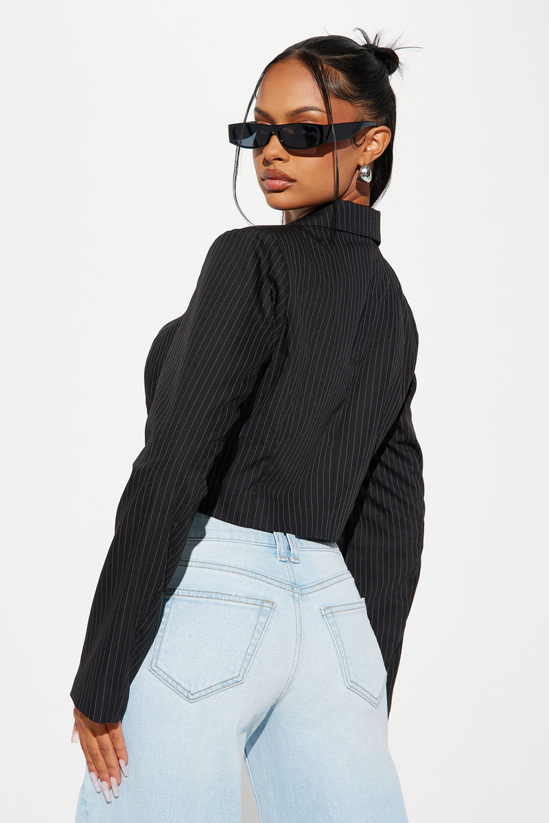 What's Your Motive Pinstripe Cropped Blazer - Black | Fashion Nova ...