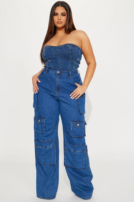 YOURS Curve Plus Size Blue Denim Cargo Jeans