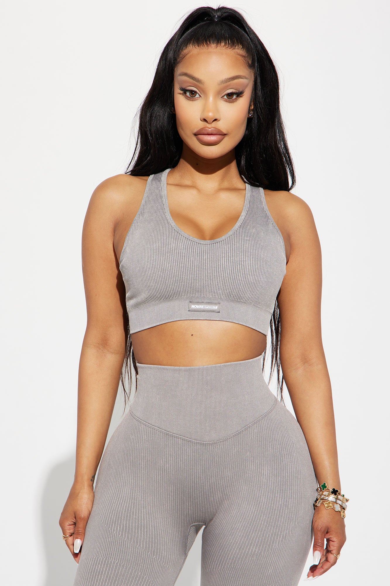 Sadie Washed Ribbed Seamless Active Sports Bra - Charcoal