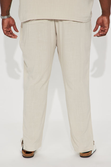 Solid Textured Linen E-Waist Side Slit Pants - Stone | Fashion