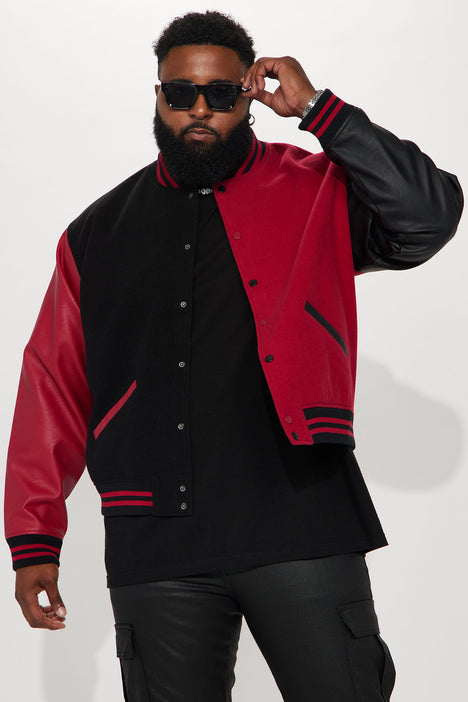 Baseball Red Varsity Jacket with Hood Leather Sleeves - Jacket Makers