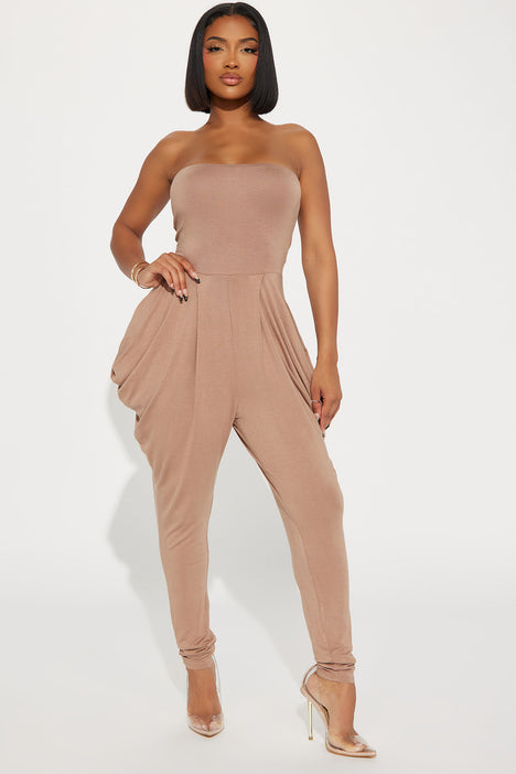 Taupe Basic Strappy Plunge Jumpsuit