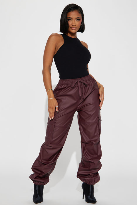 Give Or Take Faux Leather Cargo Jogger - Burgundy
