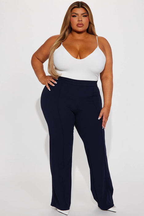 Navy Petite Wide Leg Stretch Trousers